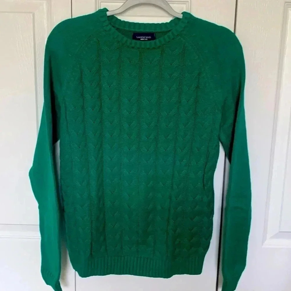 Lands End Cotton Drifter Cable Knit Sweater- Green